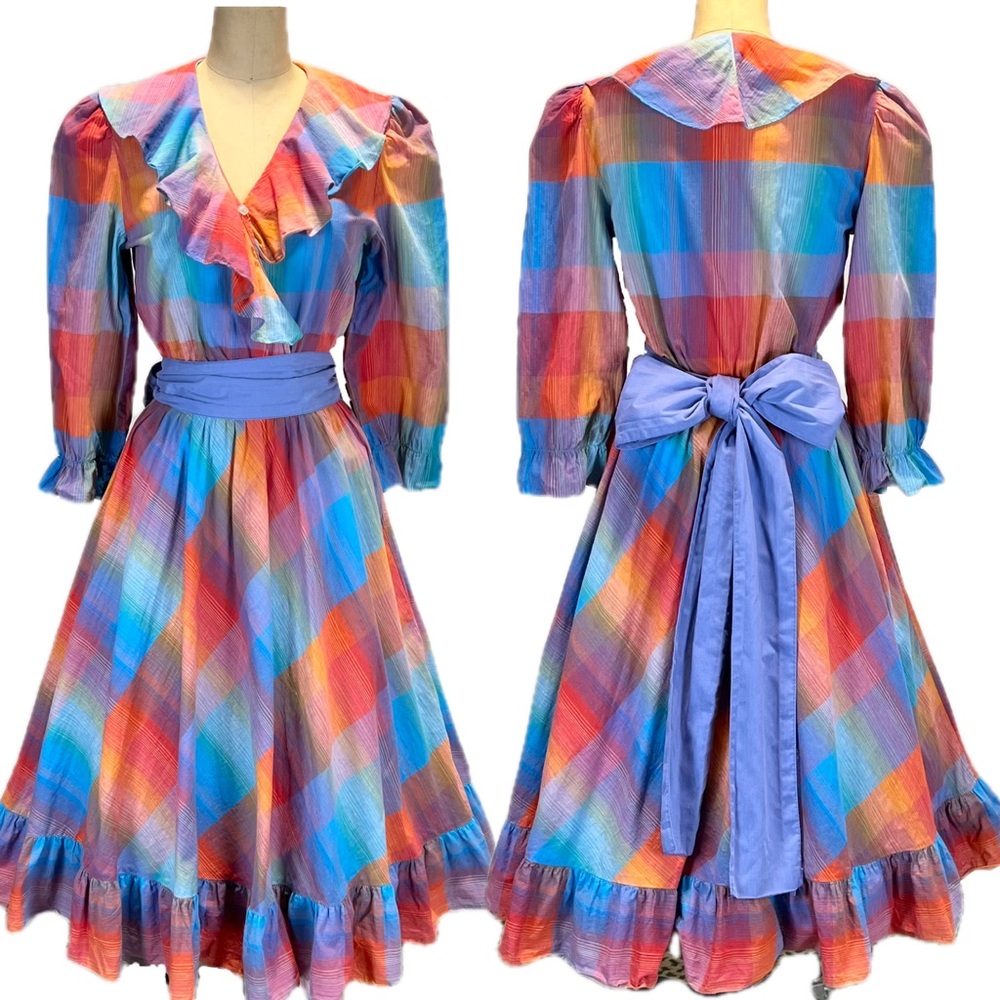 VINTAGE 80s plaid prairie dress ruffle poet collar a-line long sleeve midi‎ - Picture 11 of 17